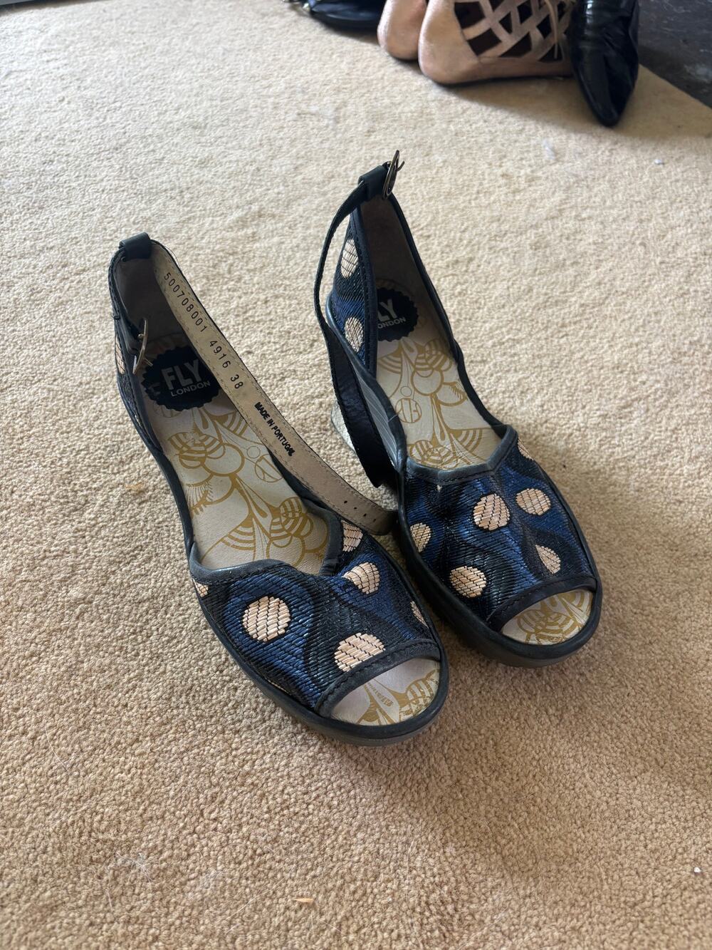 Fly London Navy Woven Peep Toe Sling Style 4916